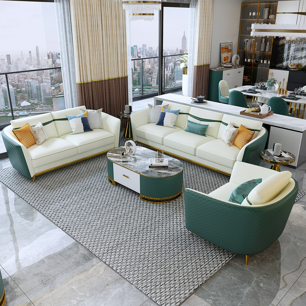 

Green Faux Leather Living Room Sofa with Single Sofa & Loveseat Set of 3