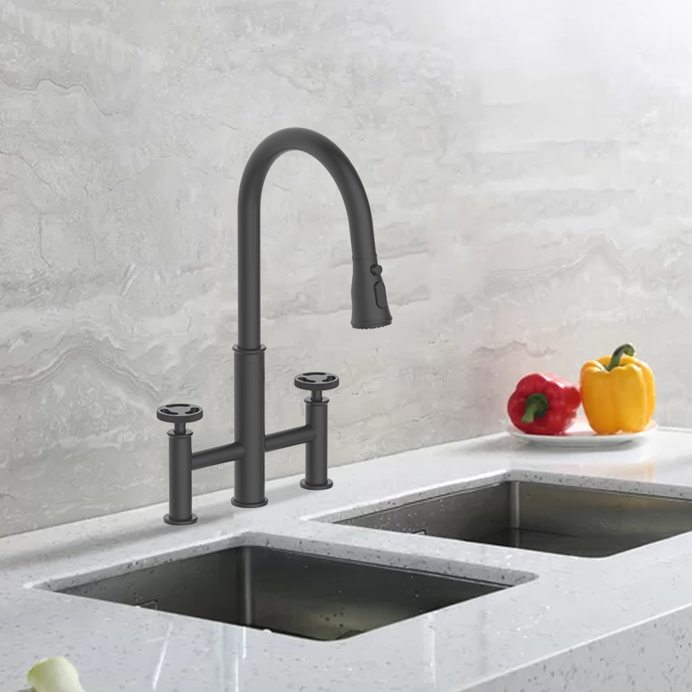 

High Arc Widespread Kitchen Sink Faucet Solid Brass in Black