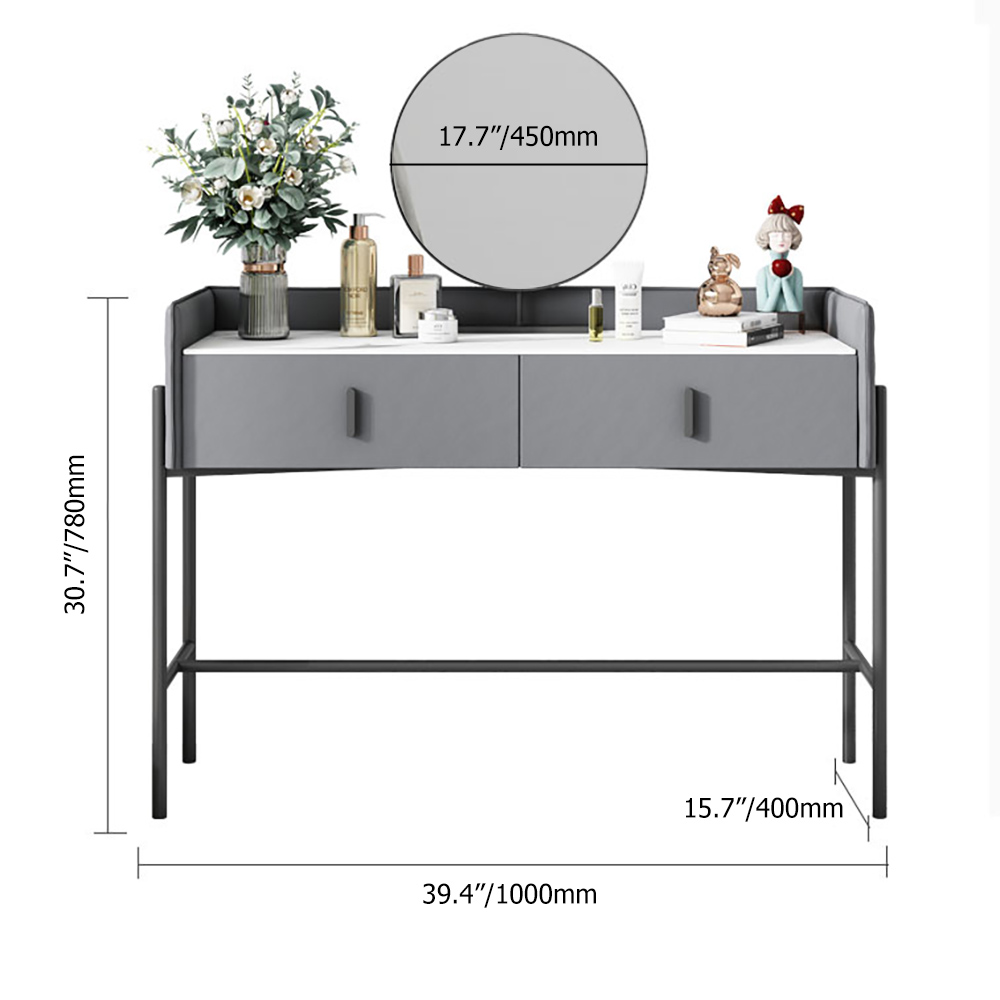 Contemporary Stone-top Grey Makeup Vanity Set with 2 Drawers & Stool & Mirror