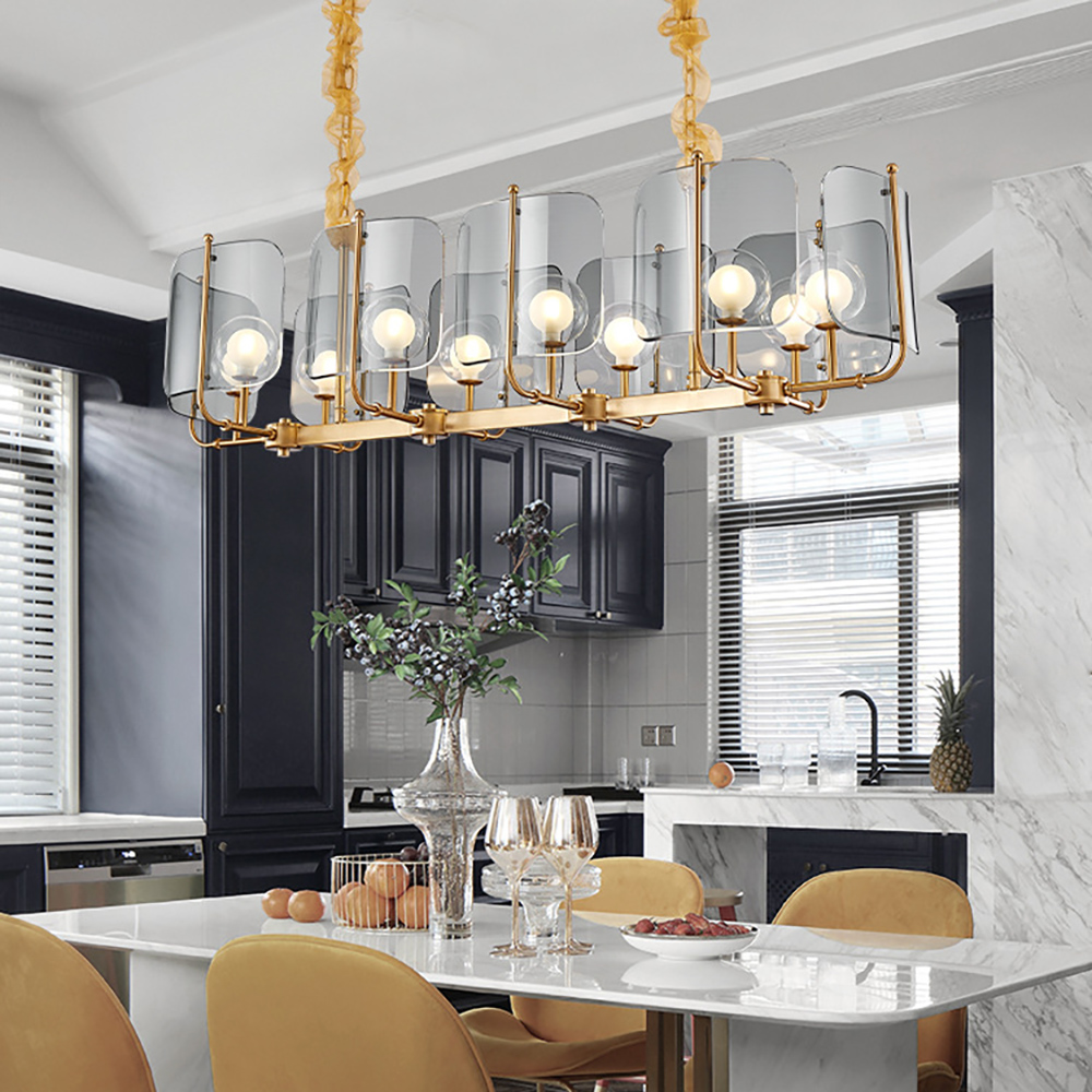 

Postmodern 10-Light Brass & Gray Kitchen Island Light with Adjustable Chains