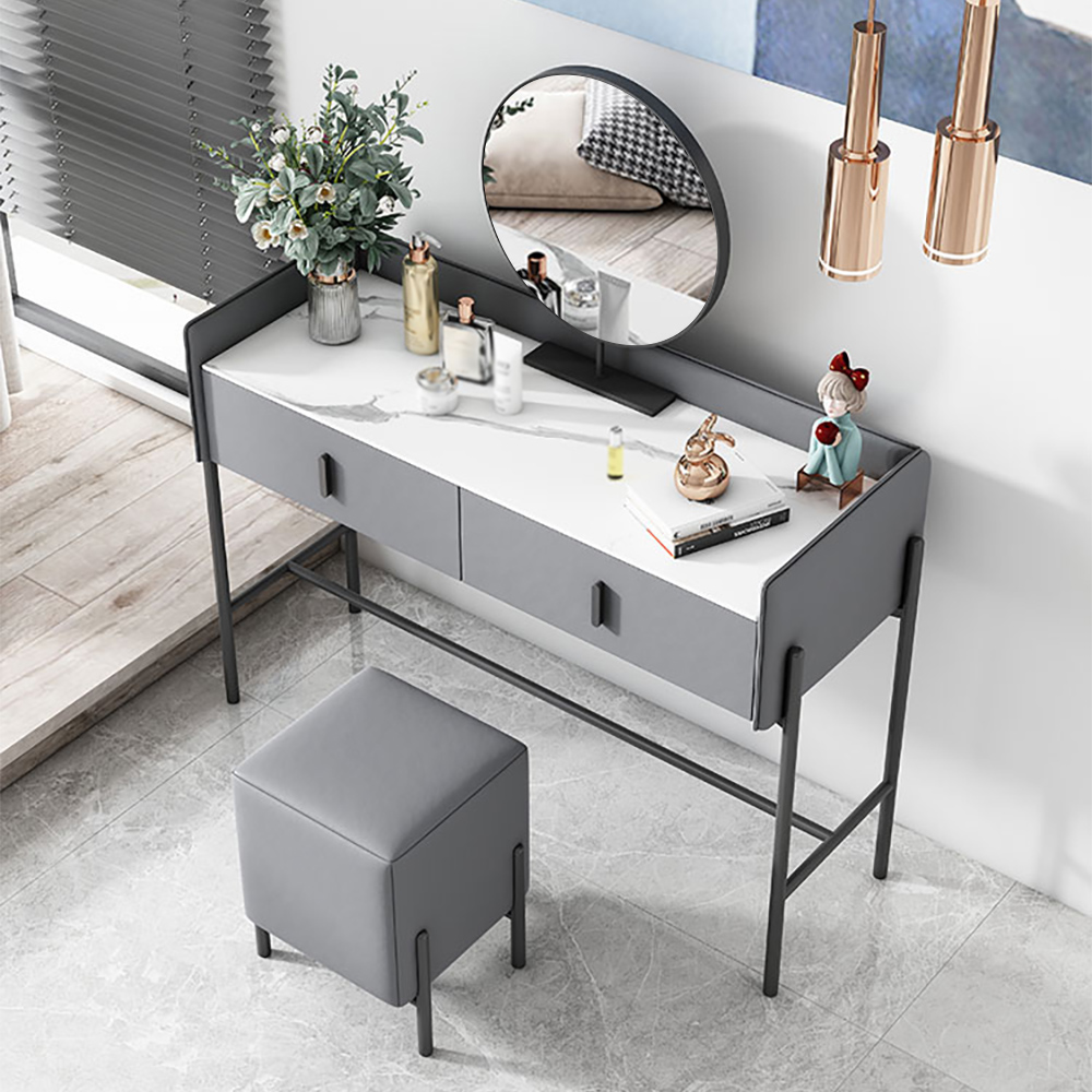 Contemporary Stone-top Grey Makeup Vanity Set with 2 Drawers & Stool & Mirror