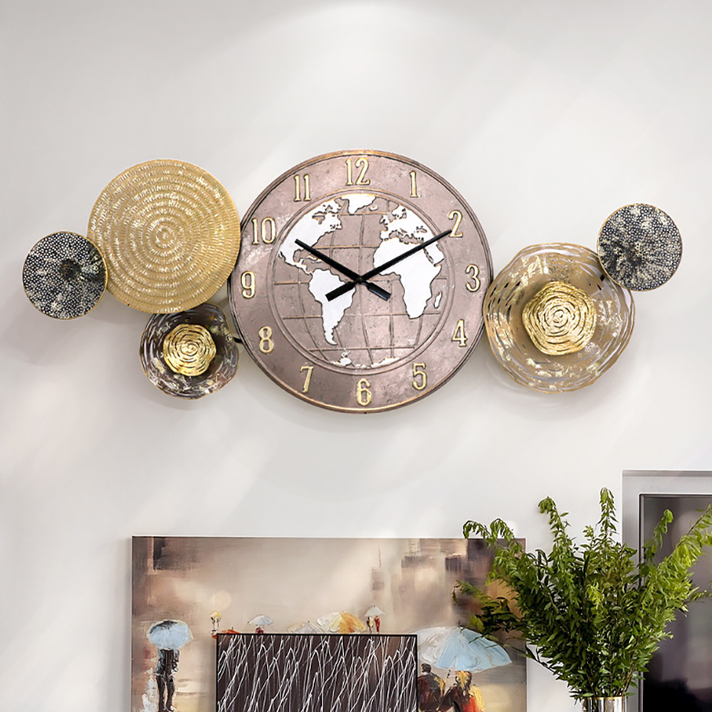 Glam World Map Metal Wall Clock Creative Home Hanging Decor