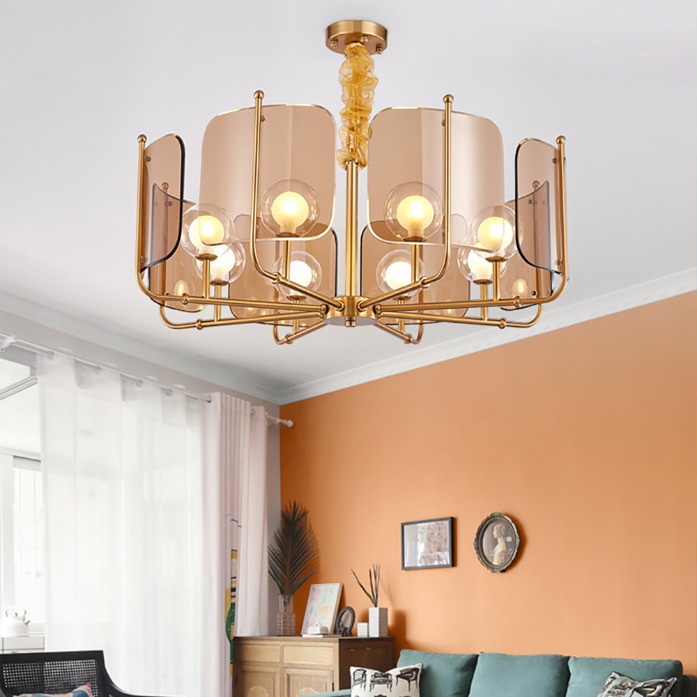 

Postmodern Amber 8-Light Chandelier Iron and Glass Frame
