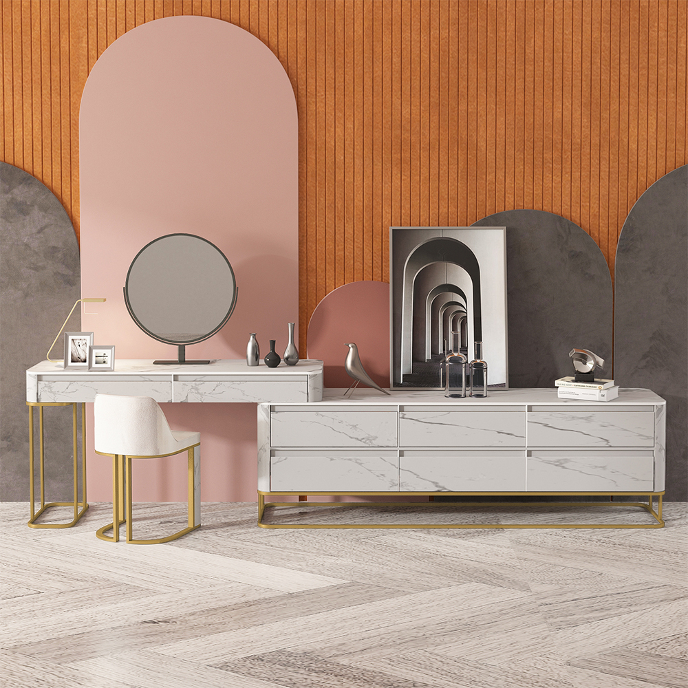 

Contemporary Stone Top Makeup Vanity Set of 4 with Dresser & Stool & Mirror