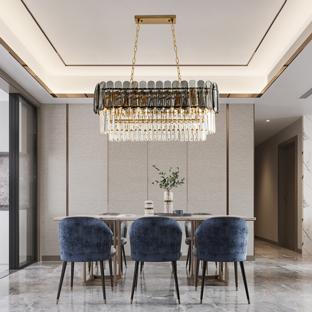 

Contemporary Oval Crystal Kitchen Island Light in Brass & Gray