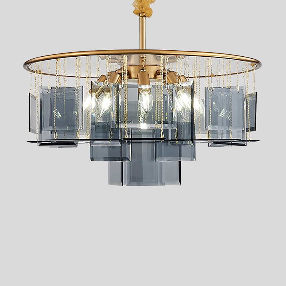 Modern Round 3-Tier Glass Lampshade Chandelier in Gold & Grey