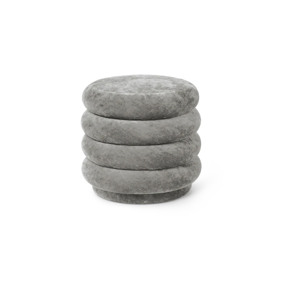 Round Grey Velvet Vanity Stool in Piled-up Design