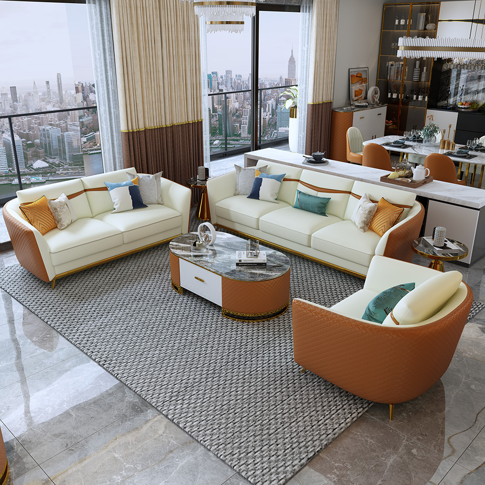 Image of Colorg Orange Faux Leather Living Room Sofa with Single Sofa & Loveseat Set of 3