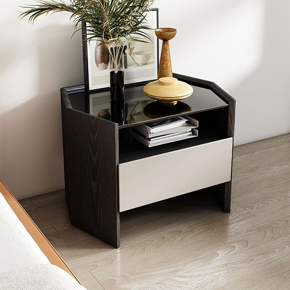 

Minimalist Plywood Black Nightstand with Drawer and Shelf