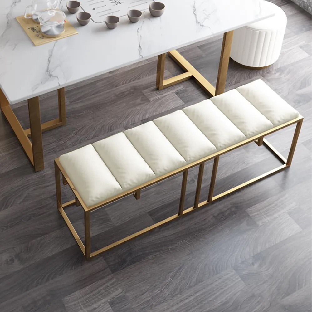 Image of Modern White Bench PU Leather Bench with Stainless Steel Frame Gold Dining Bench