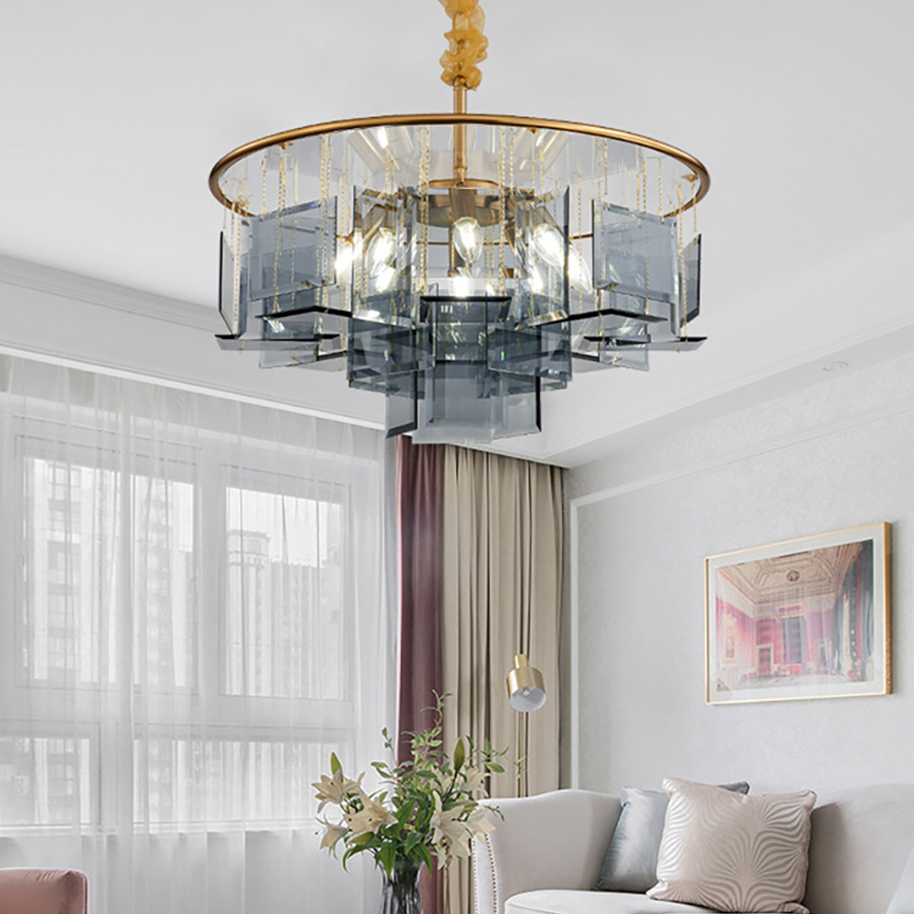 Modern Round 3-Tier Glass Lampshade Chandelier in Gold & Grey