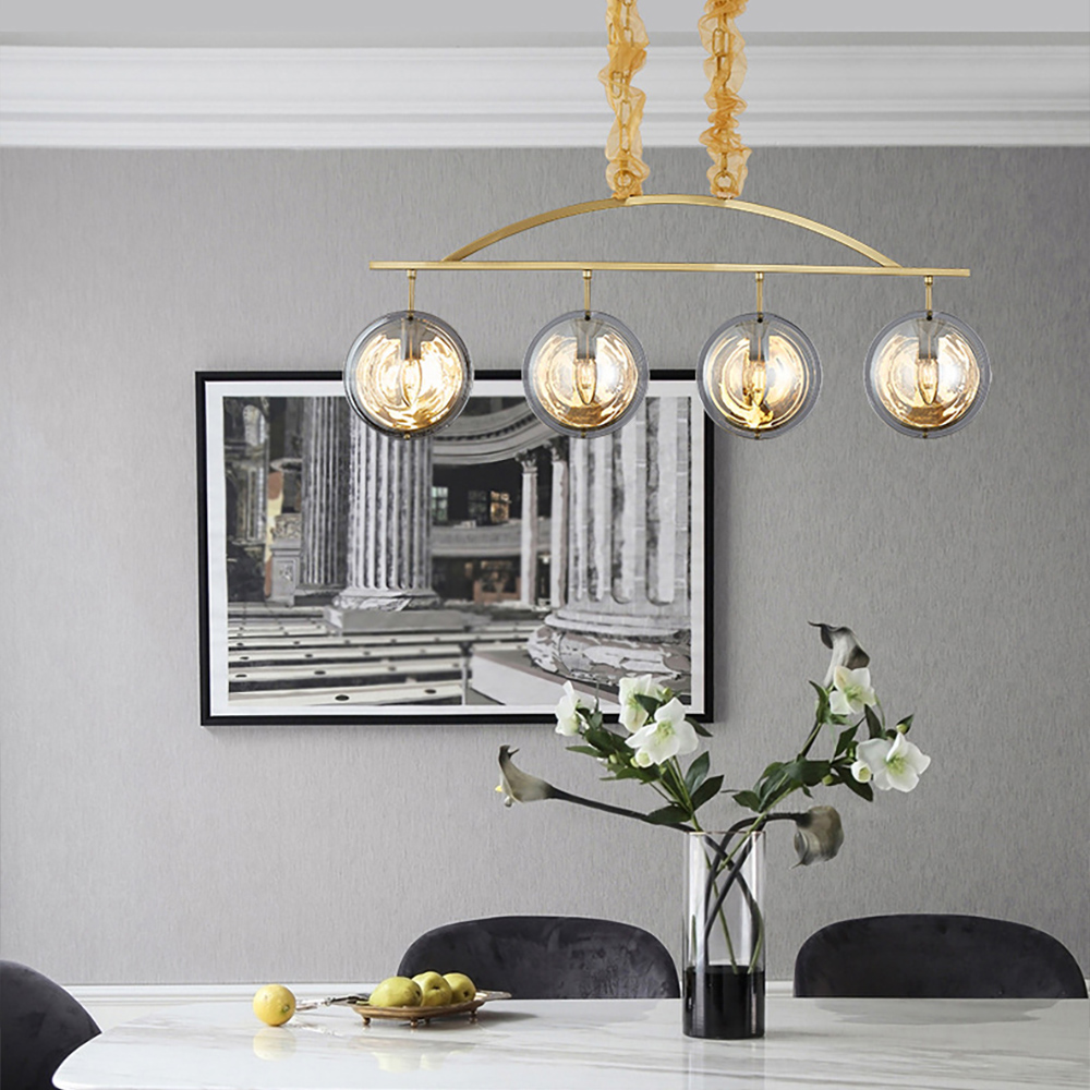 

Postmodern Linear 4-Light Glass Kitchen Island Light in Brass & Gray