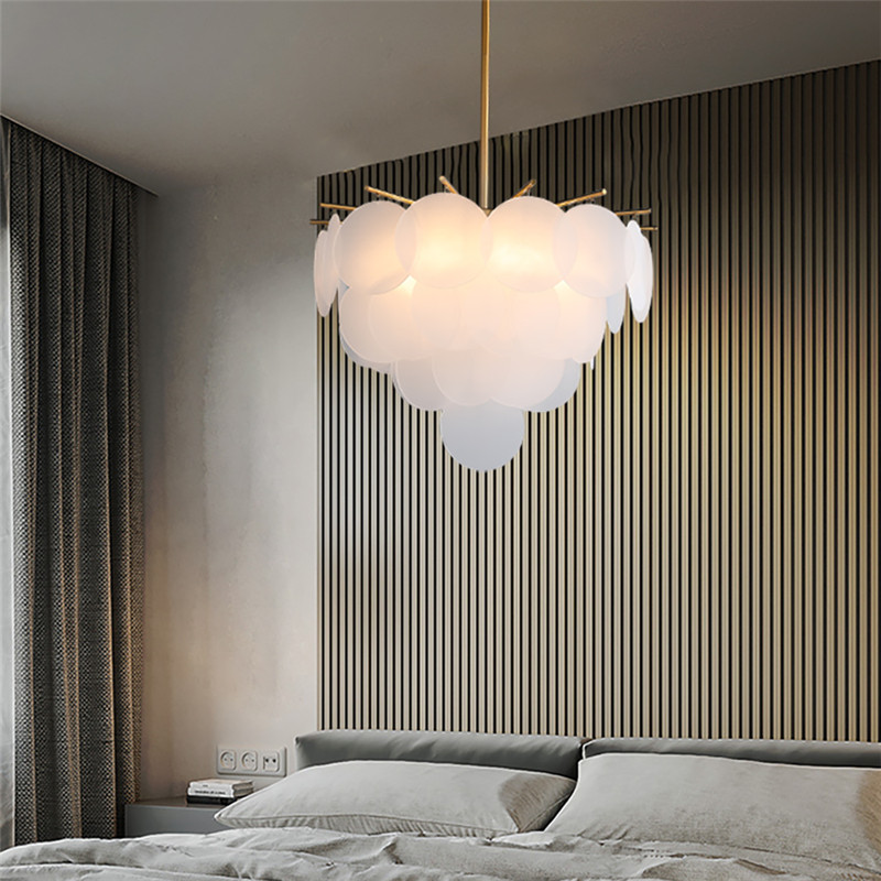 Contemporary 7-Light White Glass Living Room Chandelier in Brass