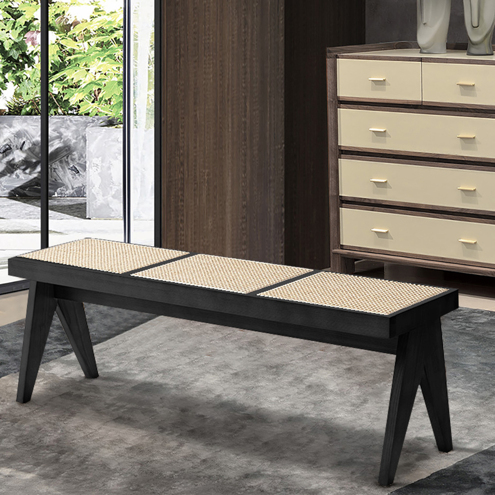 

Black Contemporary Rattan Upholstered Entryway Bench with Solid Wood Base
