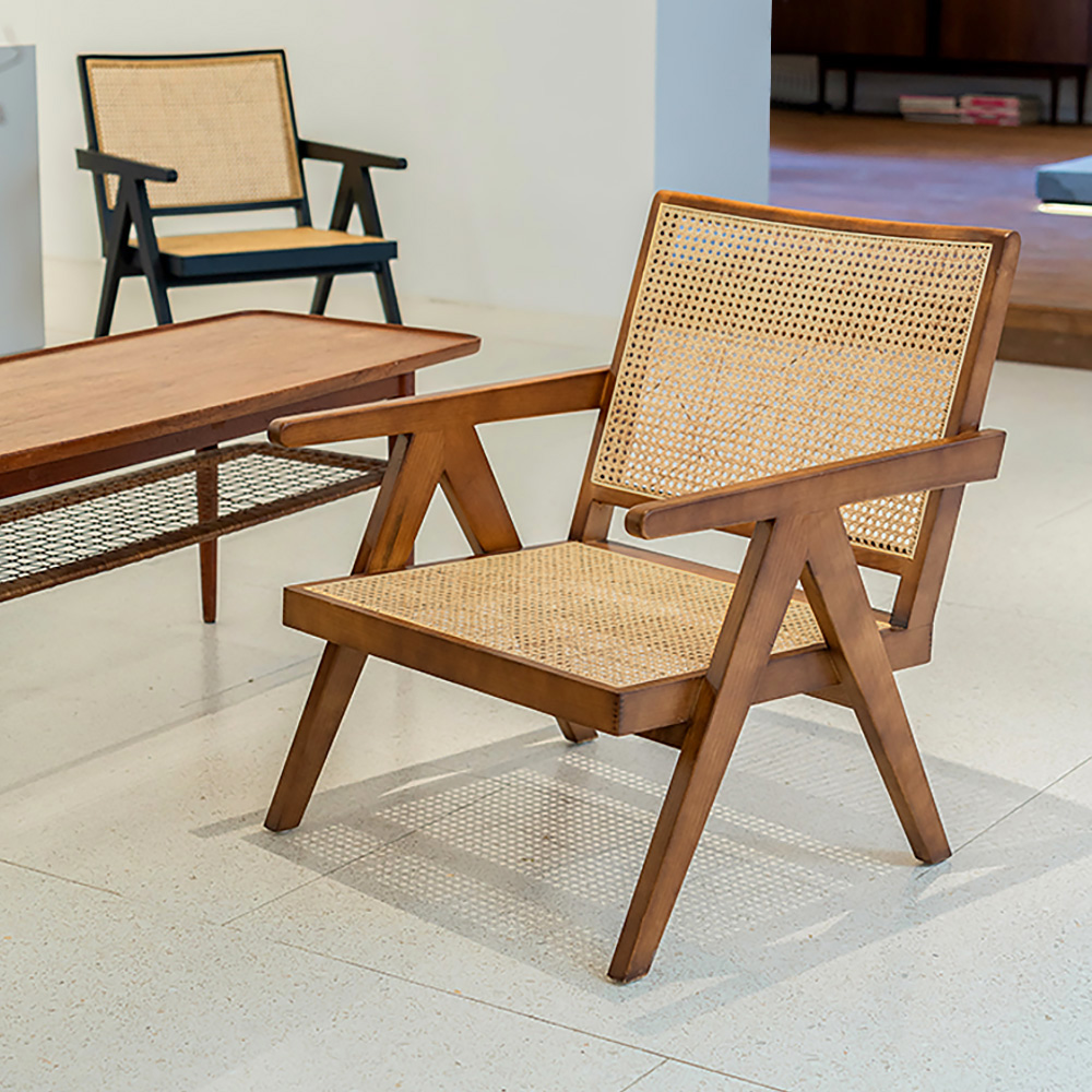 Walnut Contemporary Rattan Upholstered Accent Chair with Solid Wood