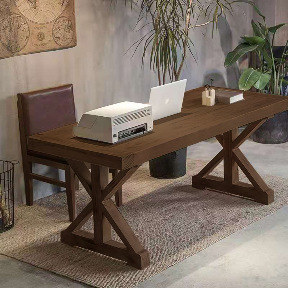 Image of 70.9" Rustic Farmhouse Wooden Office Desk in Walnut with Trestle