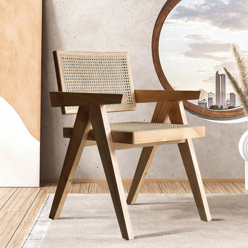 Natural Contemporary Rattan Upholstered Dining Chair with Solid Wood Base
