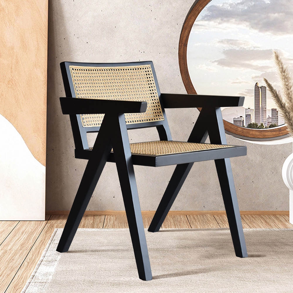 

Black Contemporary Rattan Upholstered Dining Chair with Solid Wood Base