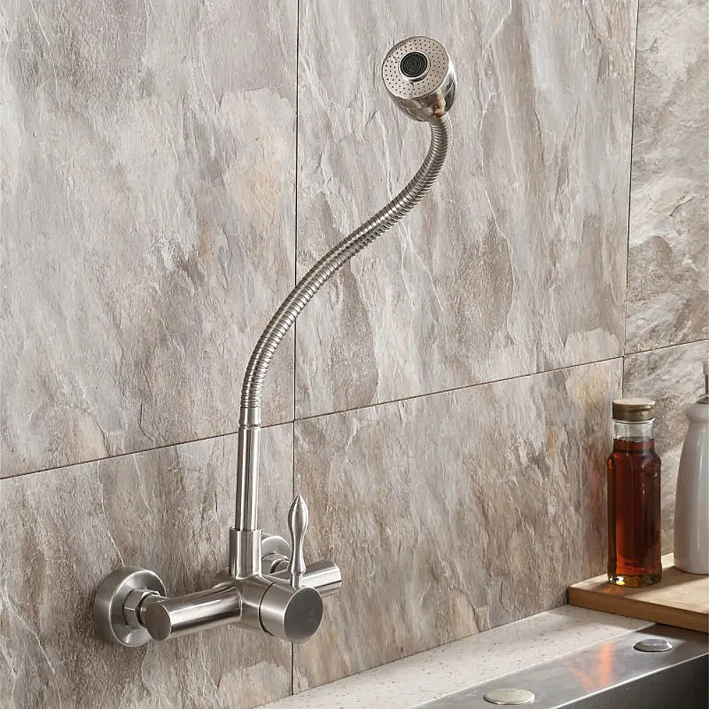 Brushed Nickel Wall Mount Stainless Steel Kitchen Faucet with Dual Function Sprayer