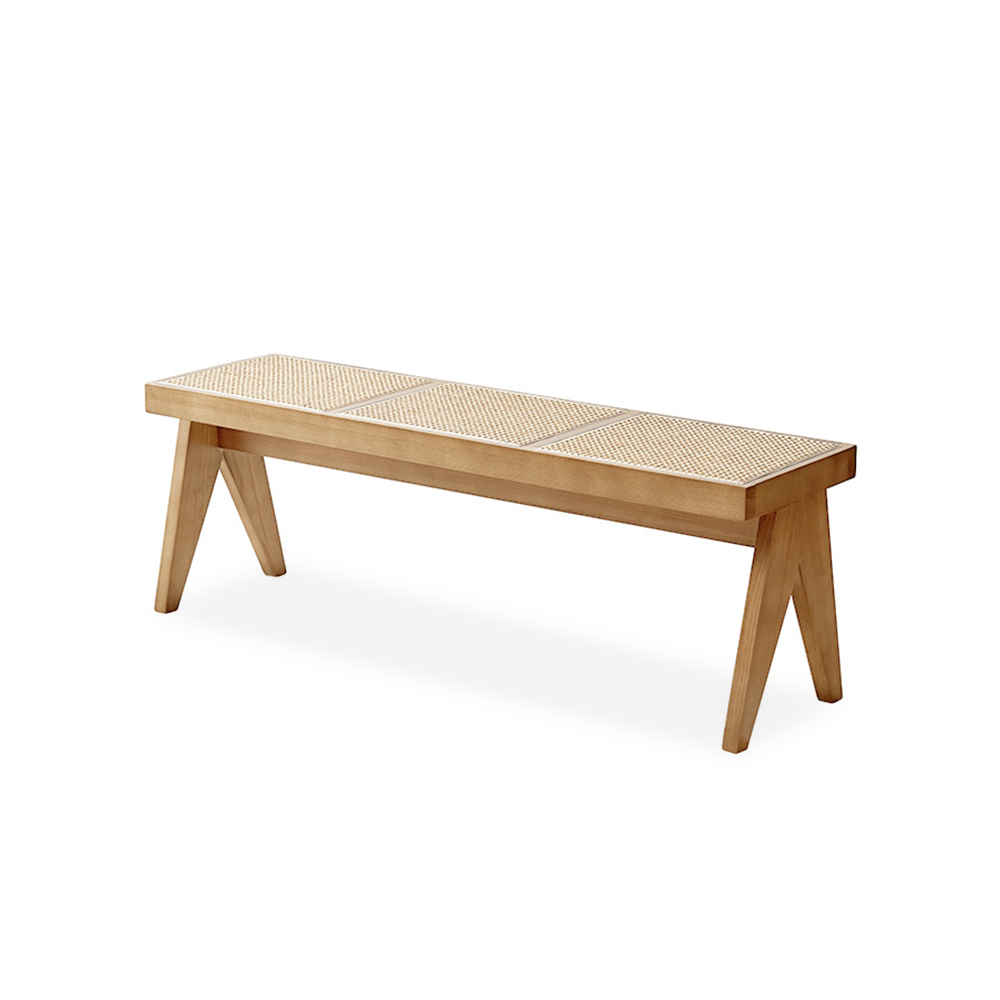 Natural Contemporary Rattan Upholstered Entryway Bench with Solid Wood Base