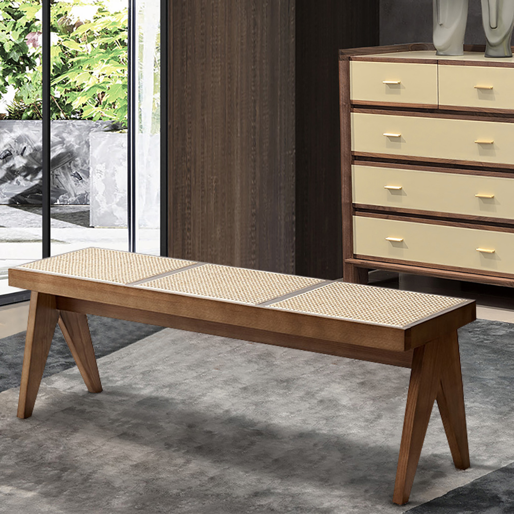 

Walnut Contemporary Rattan Upholstered Entryway Bench with Solid Wood Base