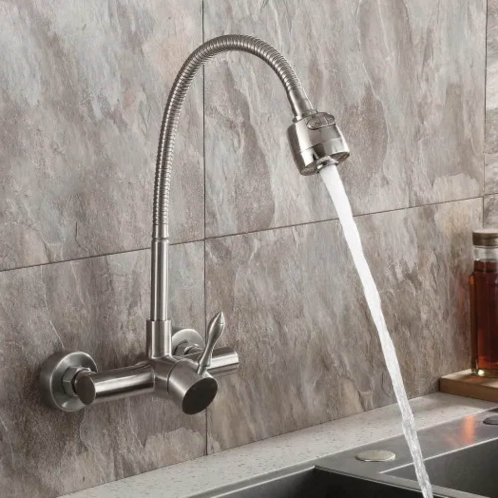 Image of Brushed Nickel Wall Mount Stainless Steel Kitchen Faucet with Dual Function Sprayer