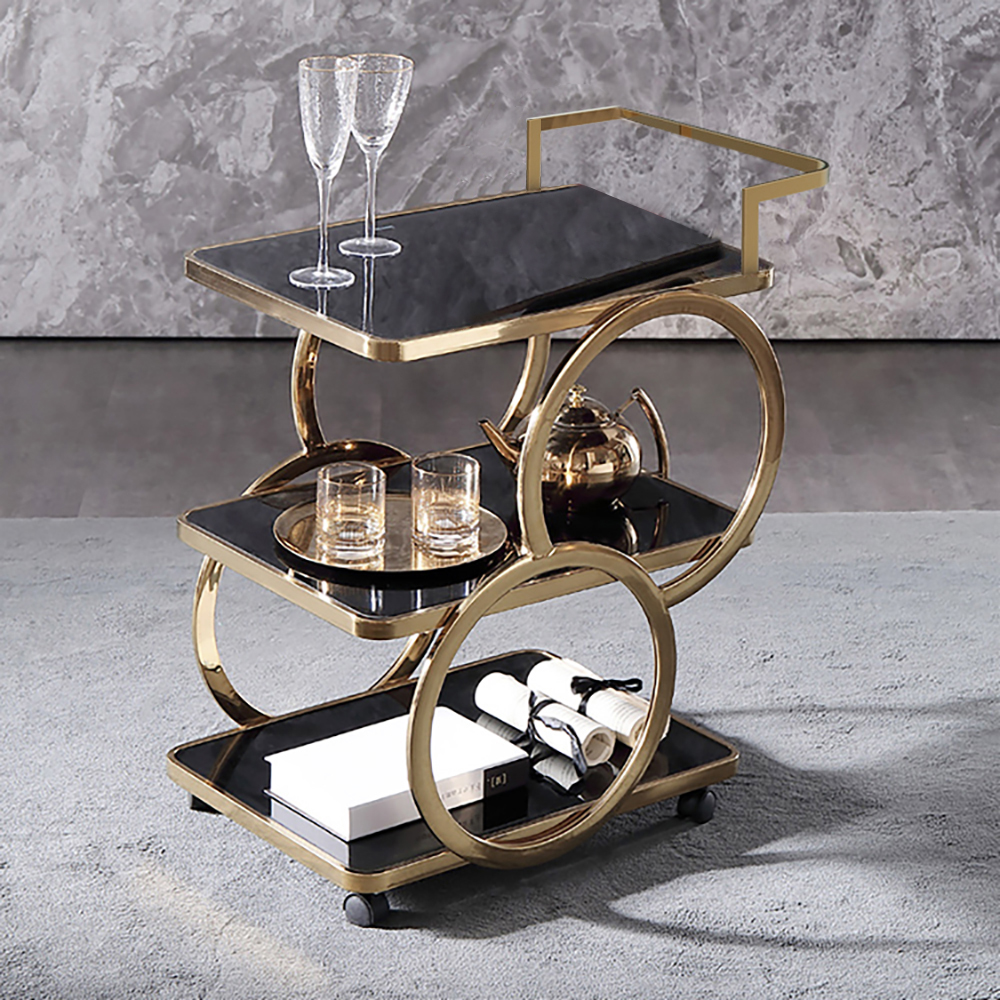 Image of Modern Rolling 3-Tier Bar Cart on Wheel with Handle in Black & Brushed Gold Style A