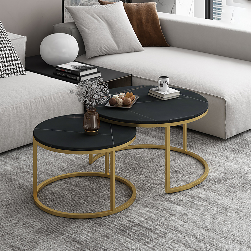 

Nordic Round Coffee Table Gold Metal & Black Marble Accent Table with Set of 2