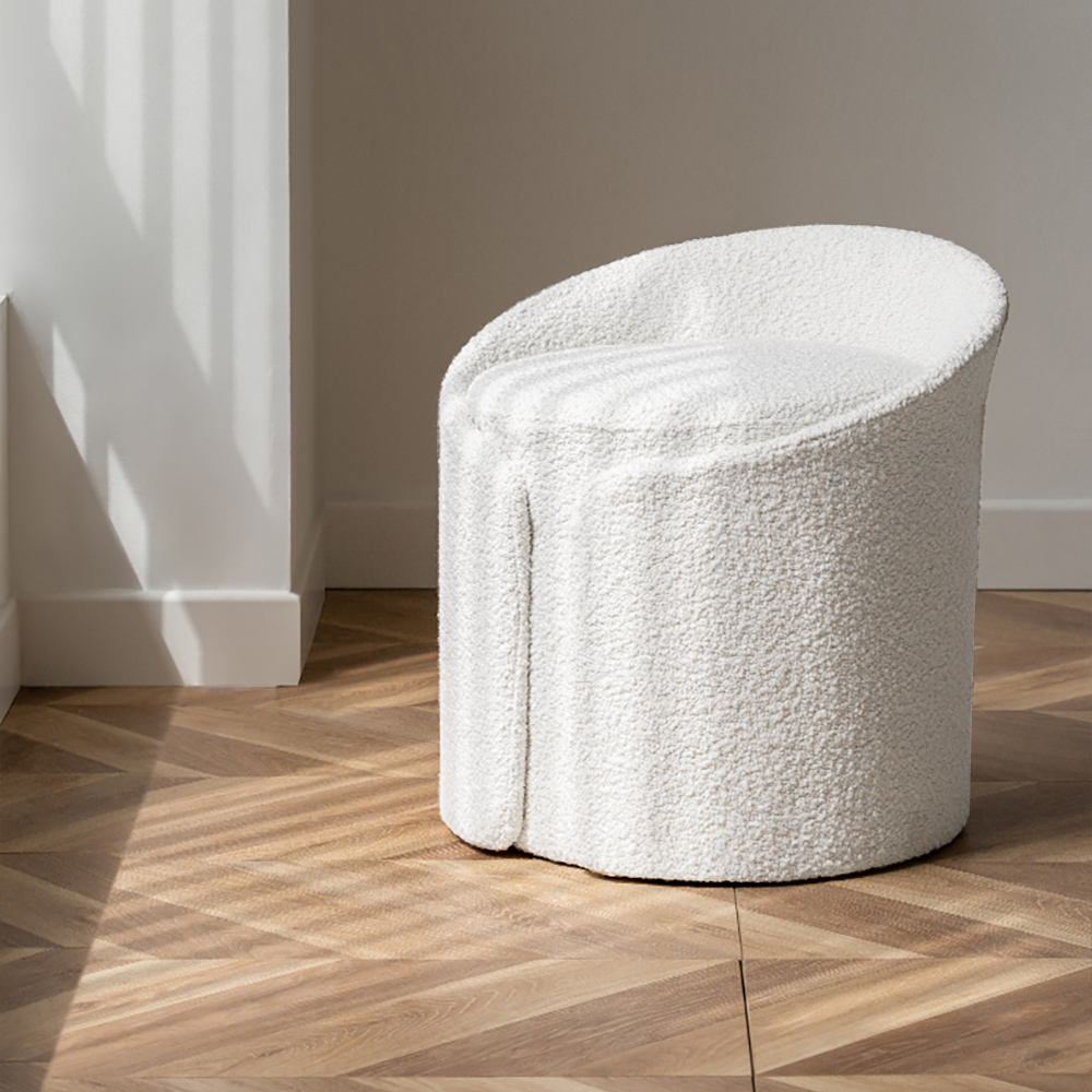 Image of Modern White Round Lamb Wool Vanity Stool with Backrest & Rotatable Chassis