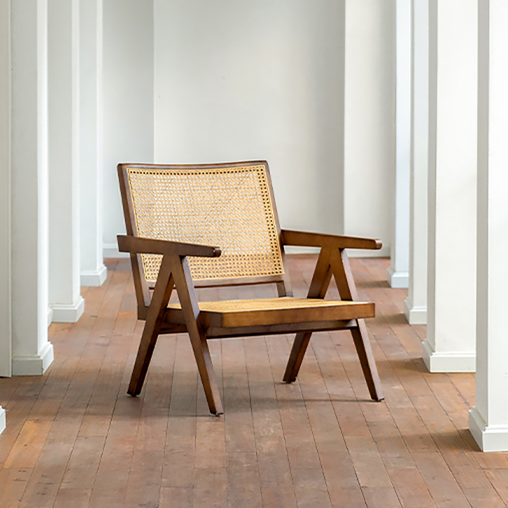

Walnut Contemporary Rattan Upholstered Accent Chair with Solid Wood Base