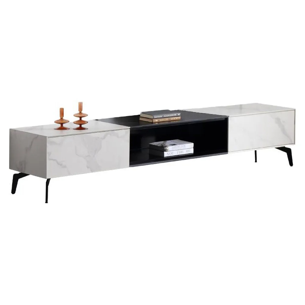 Modern Black & White TV Stand with Drawers Media Cabinet with Carbon Steel Legs in Black