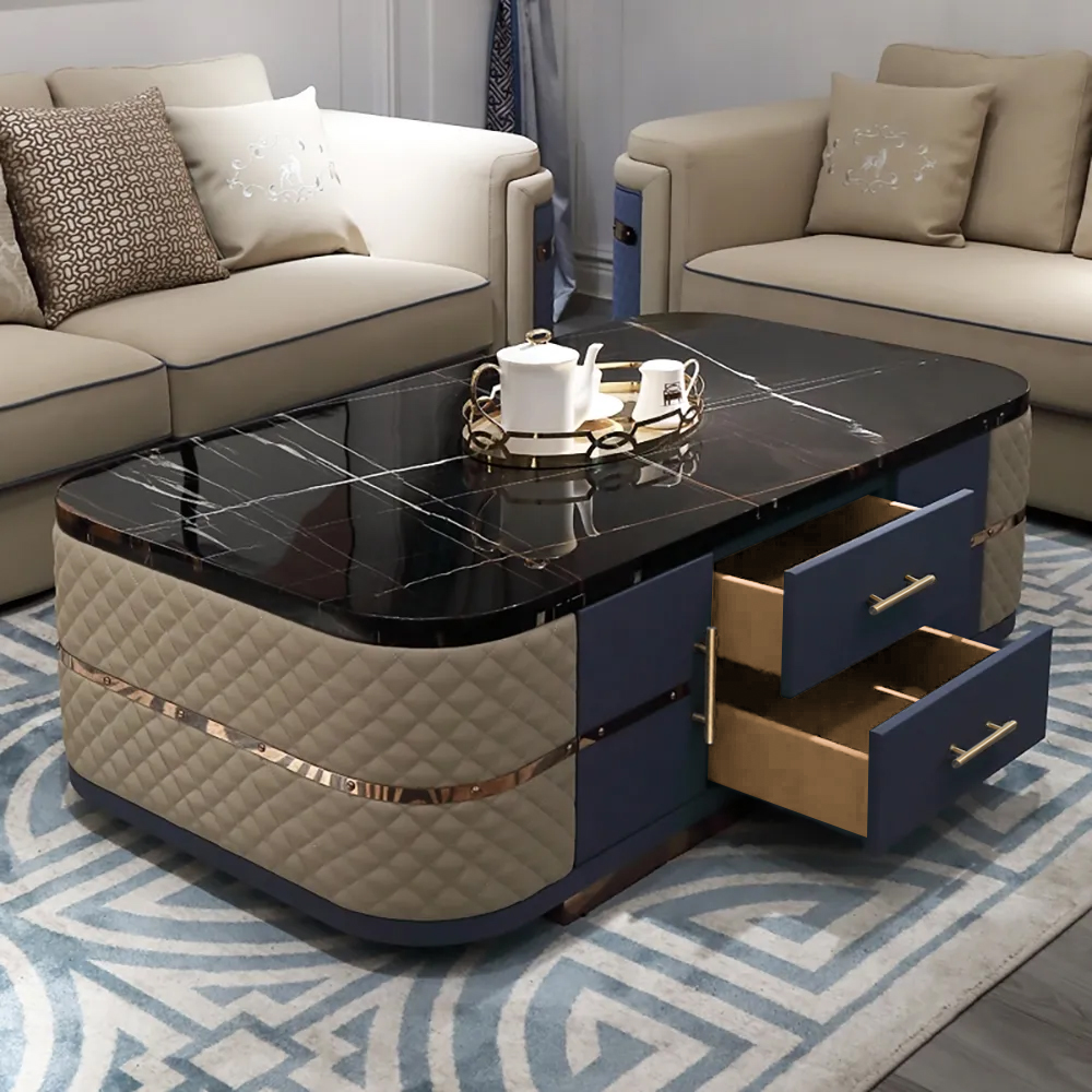 Modern Marble Coffee Table with Storage in Black
