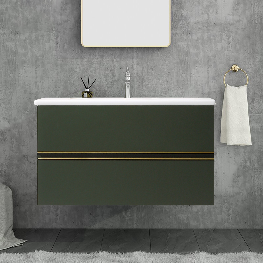 

39.8" Dark Green Floating Stone Top Bathroom Vanity with Undermount Sink & 2 Drawers
