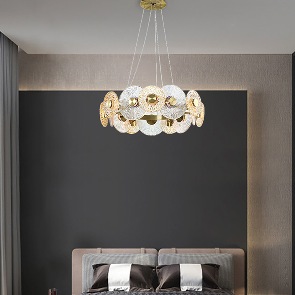 

Modern Wagon Wheel LED Glass Chandelier with Adjustable Cables