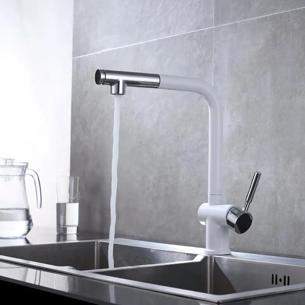 

Stylish Single Handle Pull-Out Spray Kitchen Sink Faucet White Chrome & Swirling Spout