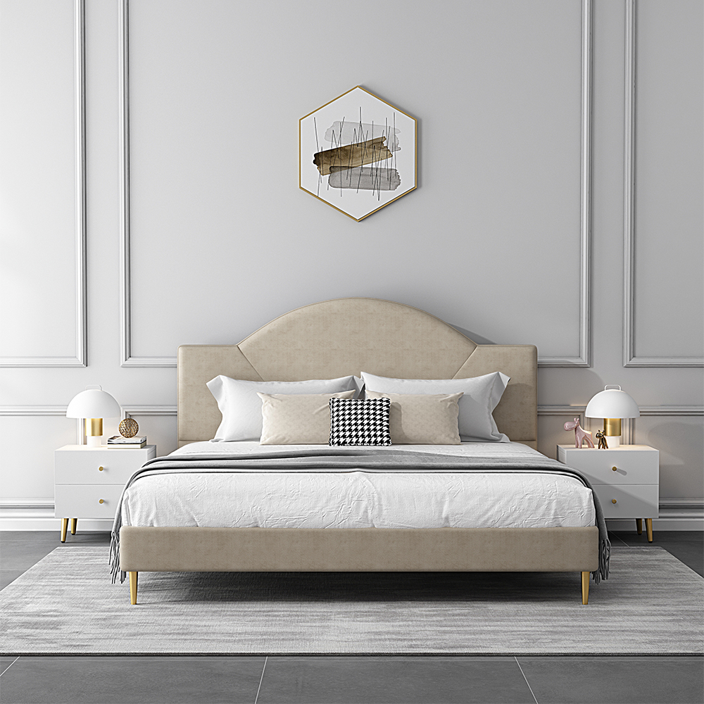 

Modern Khaki Leath-Aire Circular Upholstered Bed with Golden Half and Round Feet