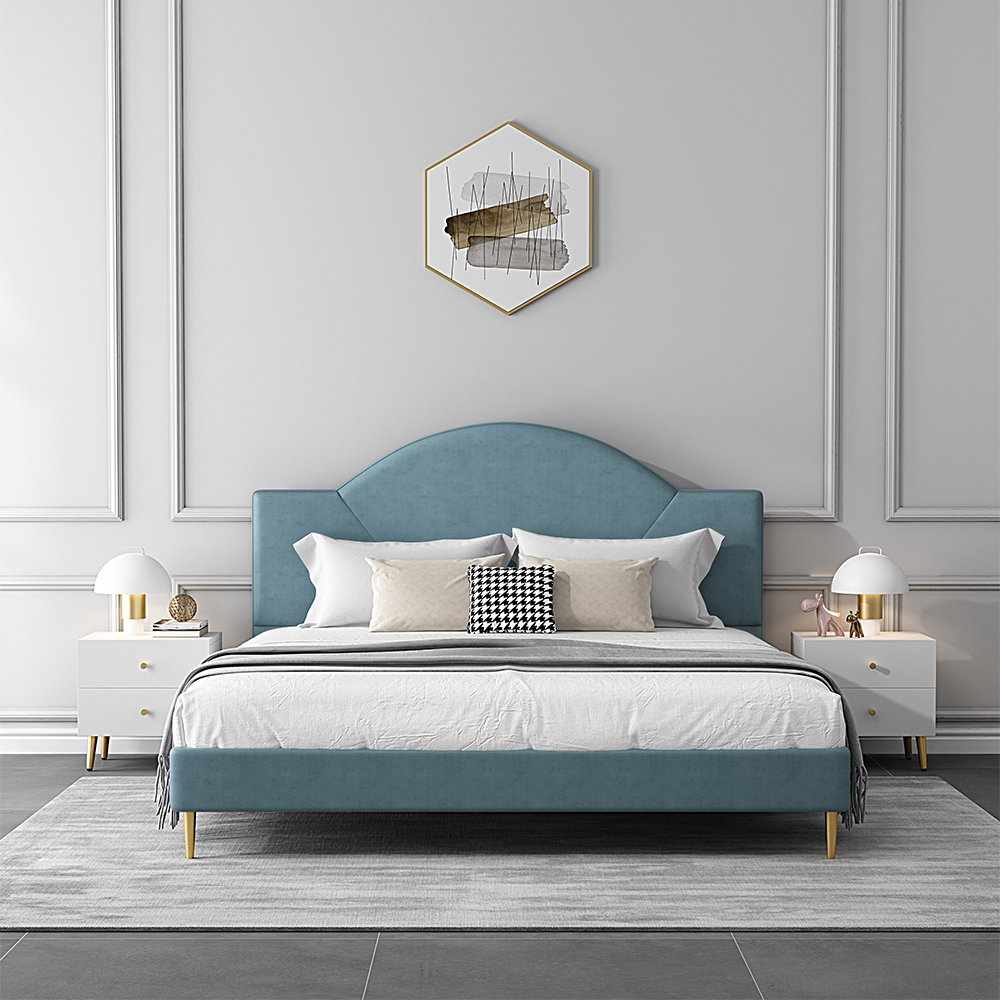 

Modern Lake Blue Leath-Aire Circular Upholstered Bed with Golden Half and Round Feet