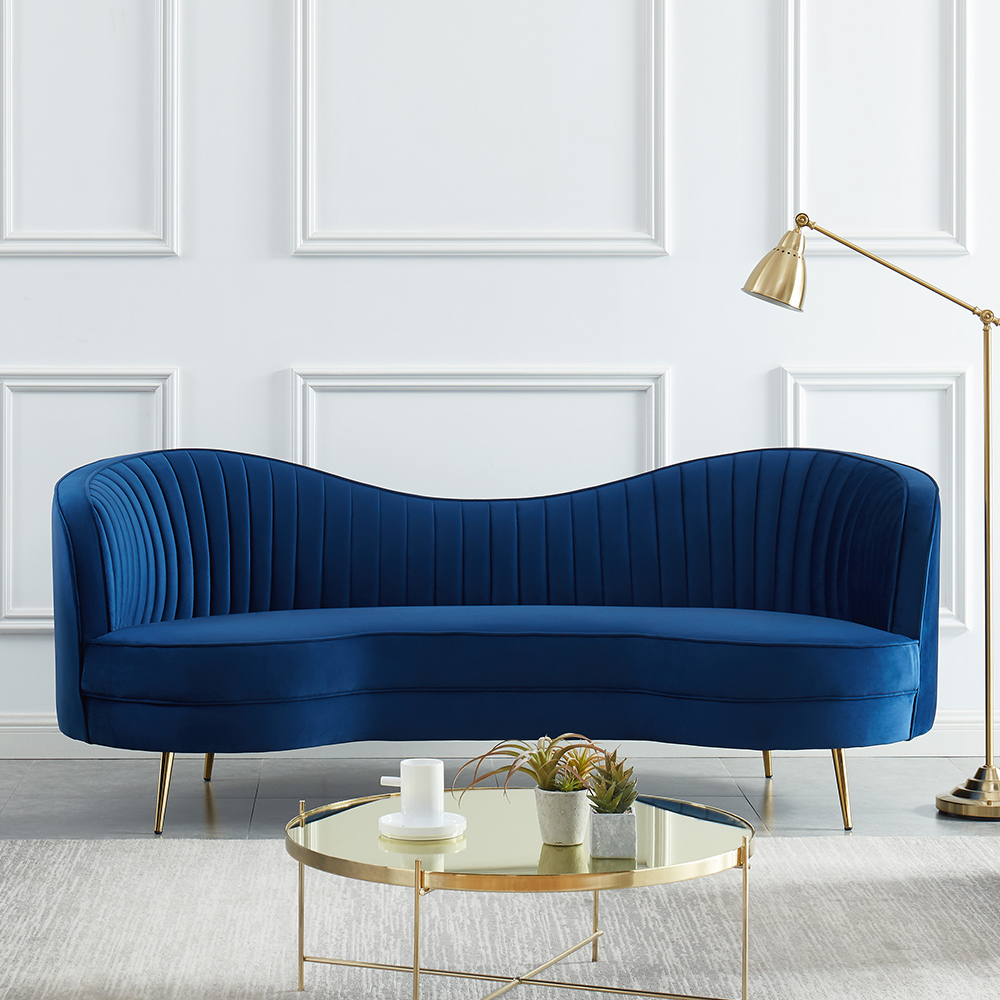 Luxury 84" Vertical Channel Tufted Curved Performance Velvet Sofa In Blue