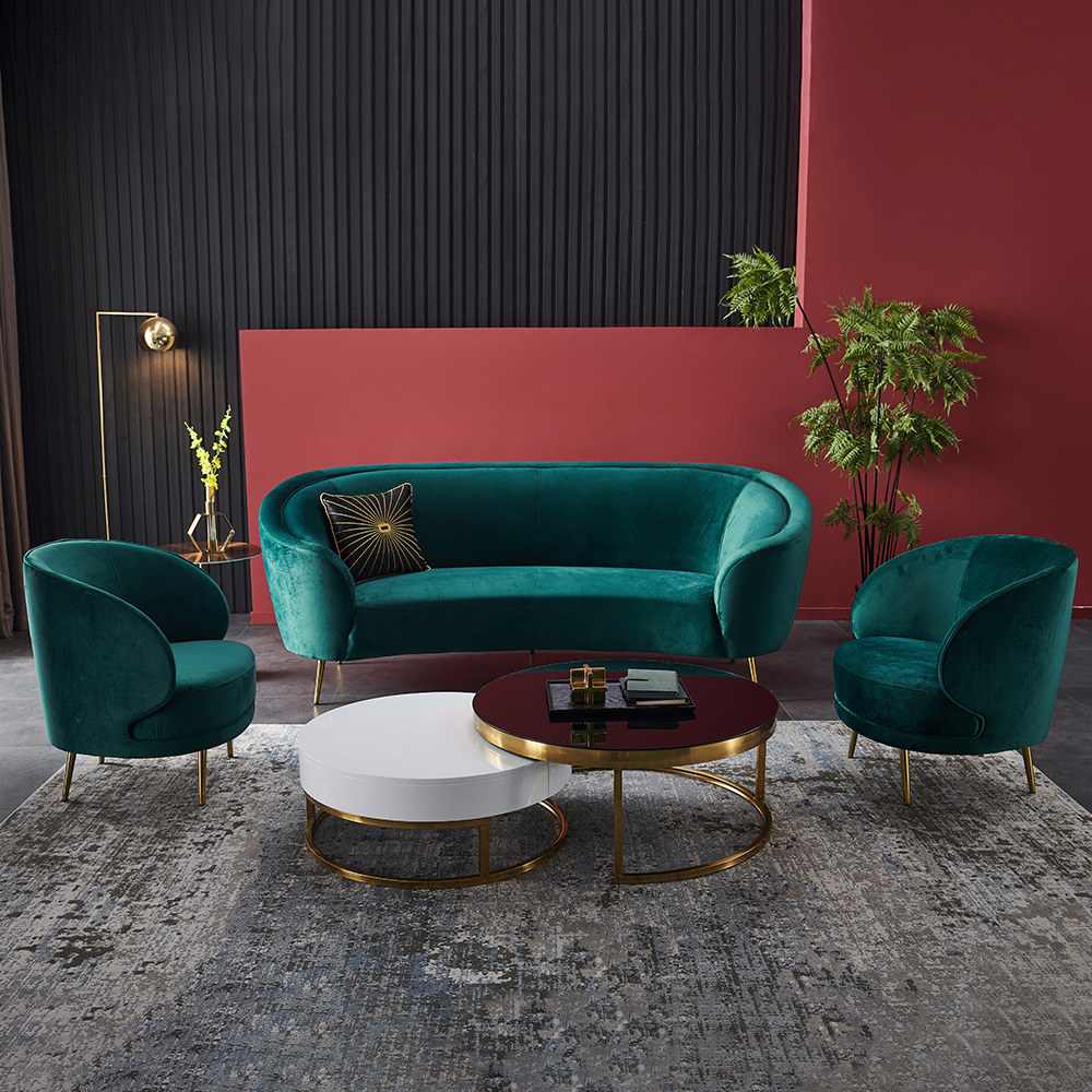 

Modern Deep Green Velvet Sofa Set 3 Pieces Living Room Set 3-Seater with 2 Armchairs