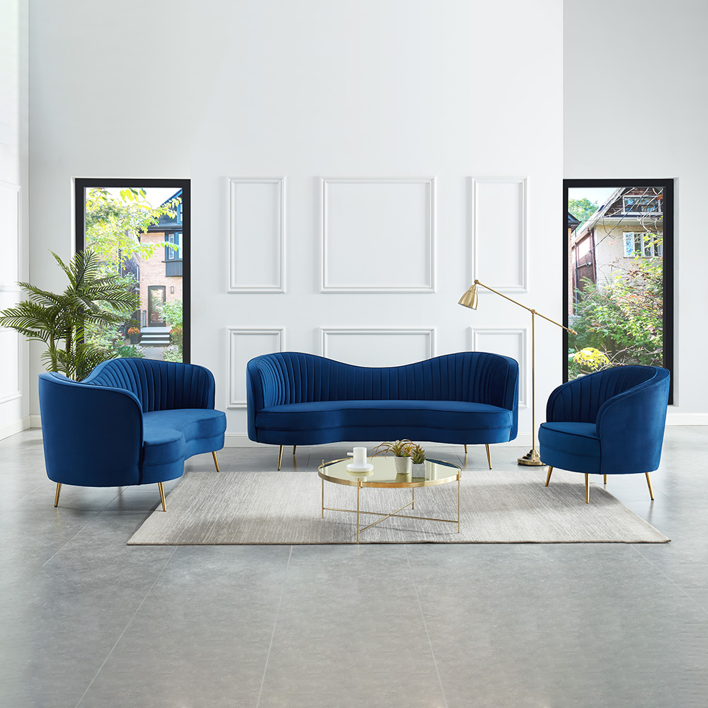 Luxury Blue Velvet Sofa Set 3 Pieces Living Room Set Curved 3-seater Loveseat & Sofa
