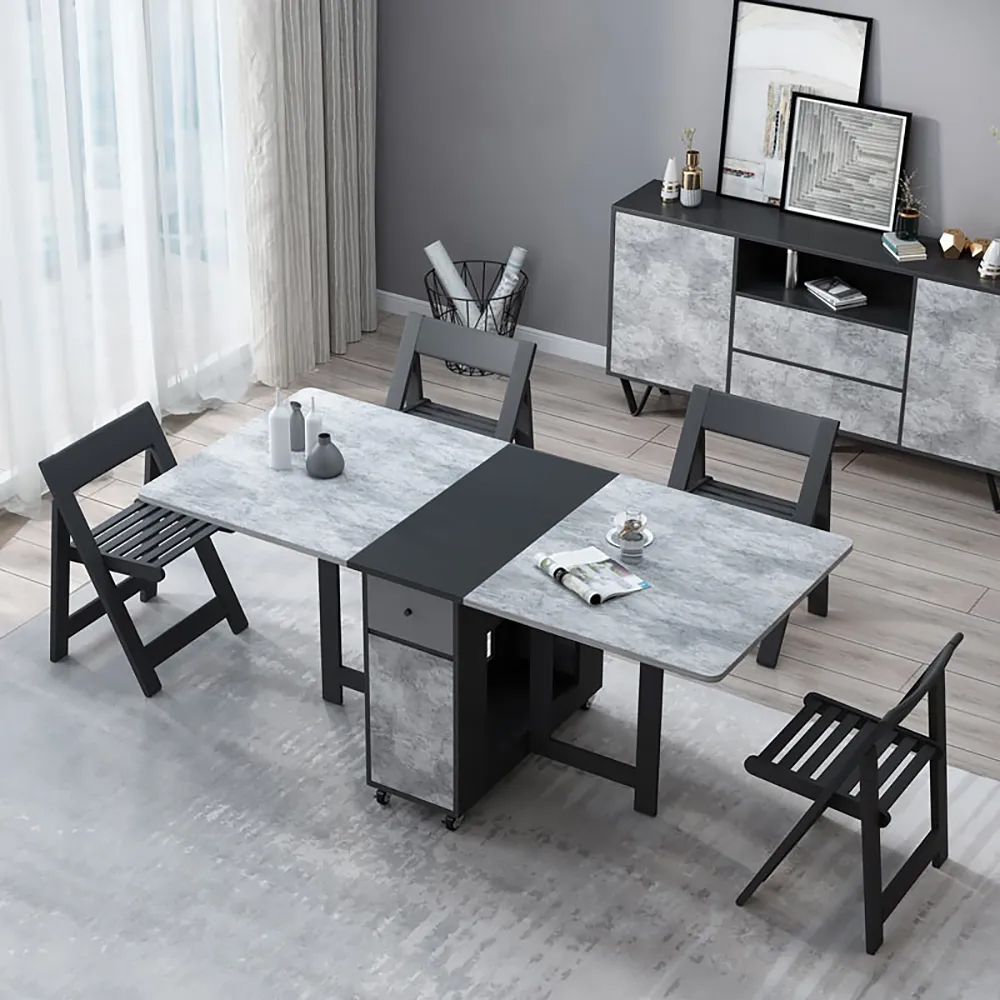 Table de salle à manger pliante rectangulaire en bois noir et gris 5 pièces