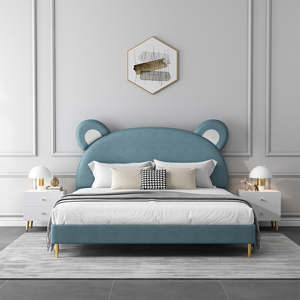 

Modern Lake Blue Leath-Aire Bear-shaped Upholstered Bed with Golden Half and Round Feet