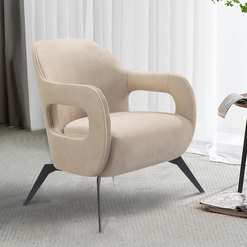 Image of Beige Fabric Accent Chair Opened Arm with Metal Legs