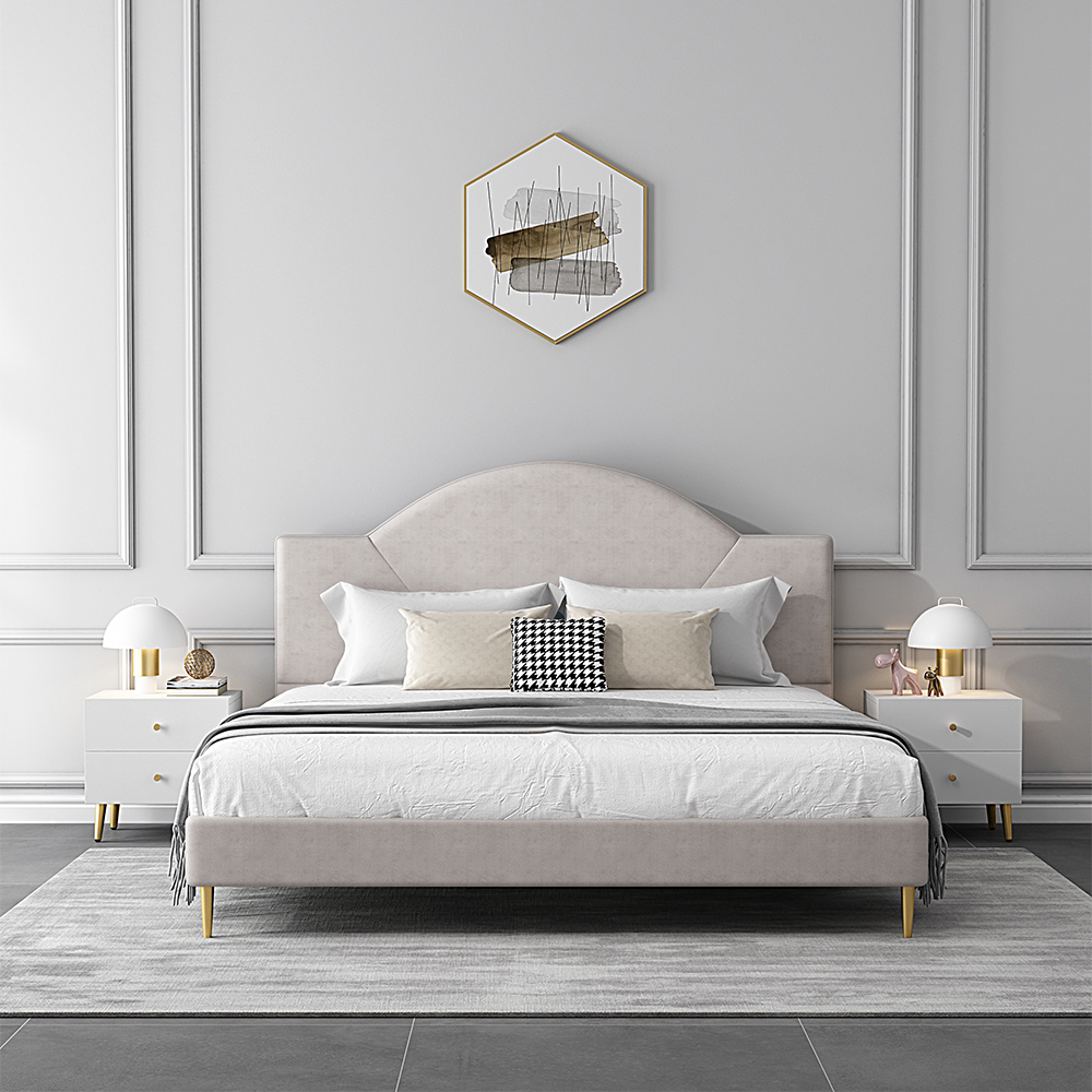 Modern Off White Leath-Aire Circular Upholstered Bed with Golden Half and Round Feet