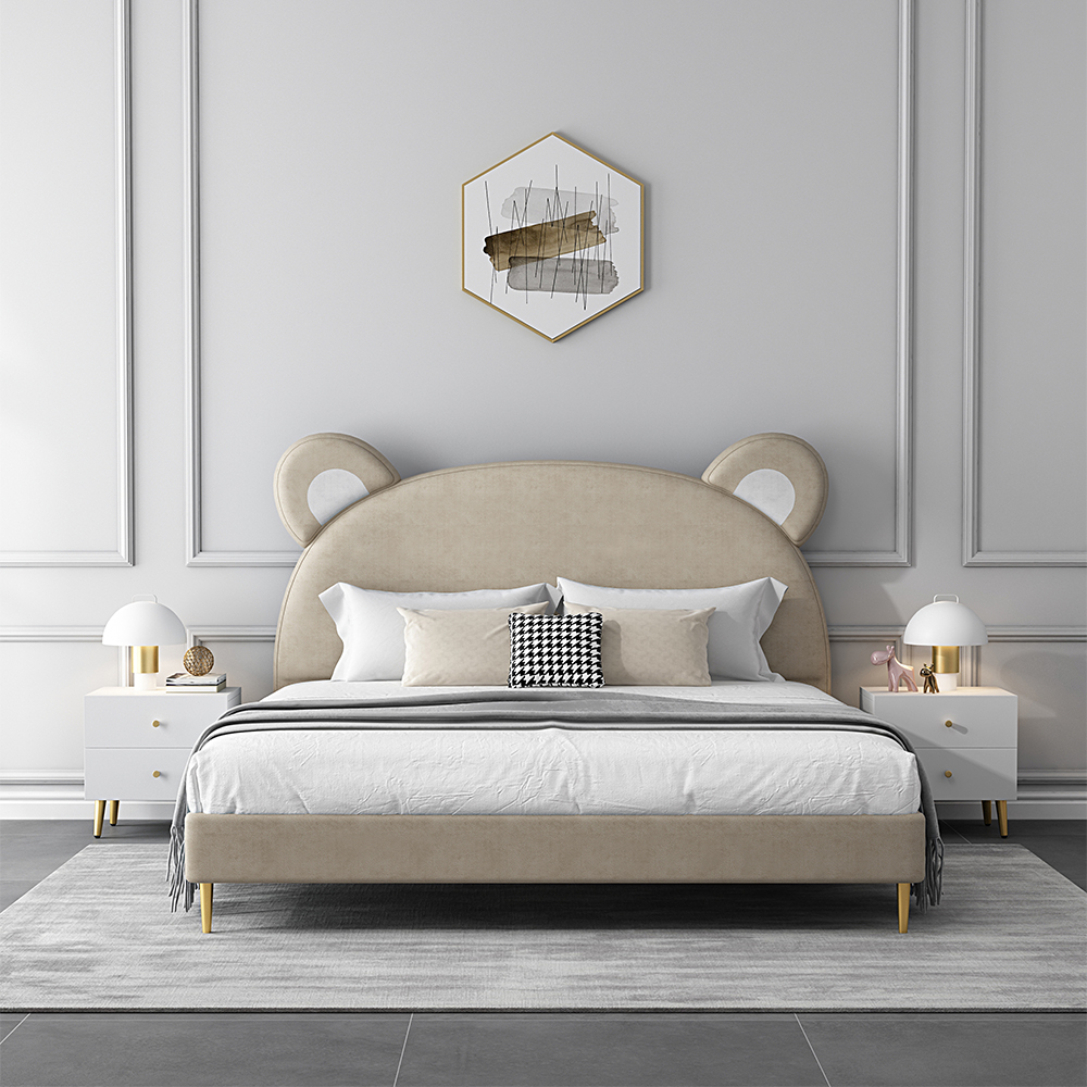 

Modern Khaki Leath-Aire Bear-shaped Upholstered Bed with Golden Half and Round Feet