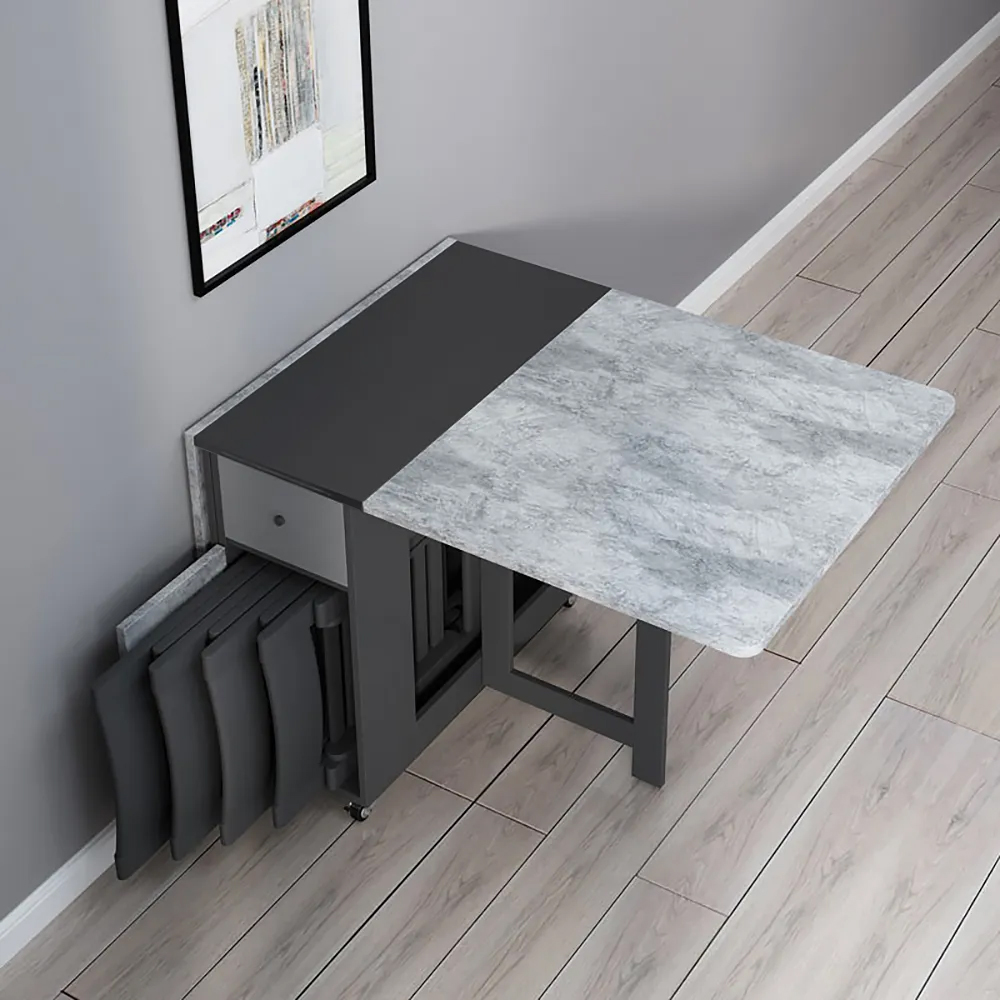 Table de salle à manger pliante rectangulaire en bois noir et gris 5 pièces
