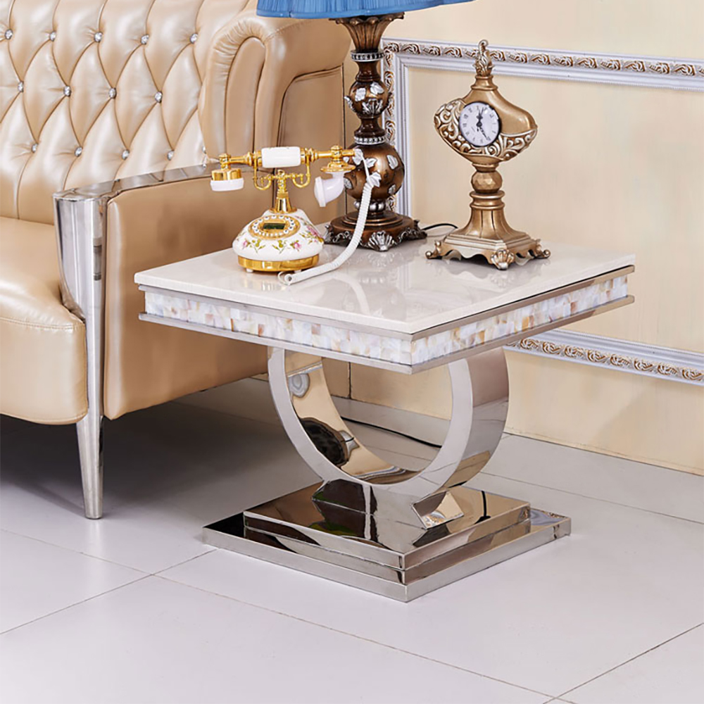 

Contemporary Square Faux Marble Top Side Table with Stainless Steel Base