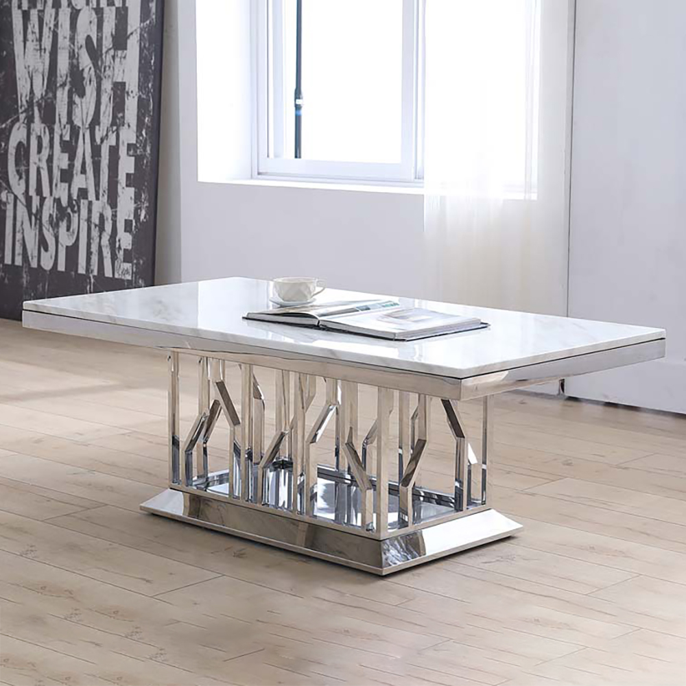 

51" Faux Marble White Coffee Table with Stainless Steel Frame