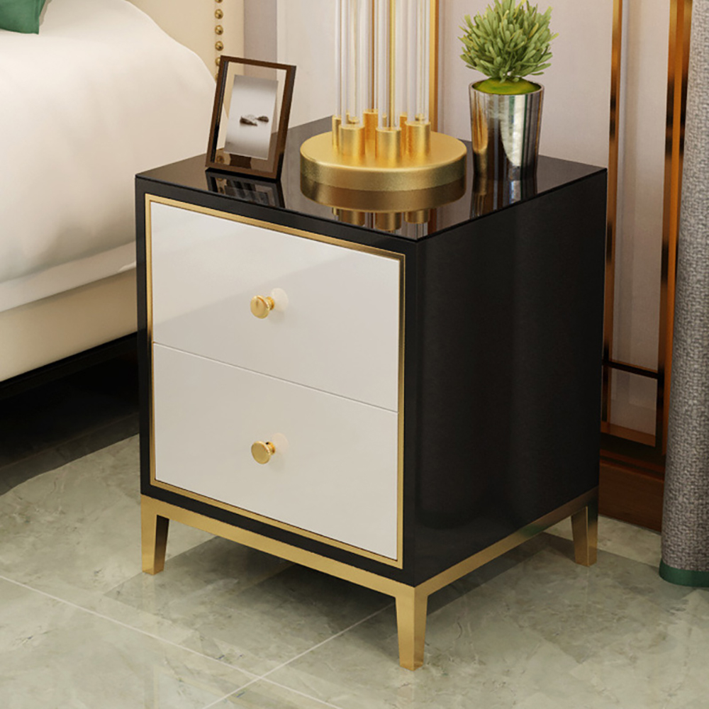 Modern black white mdf nightstand with 2 drawers and stainless