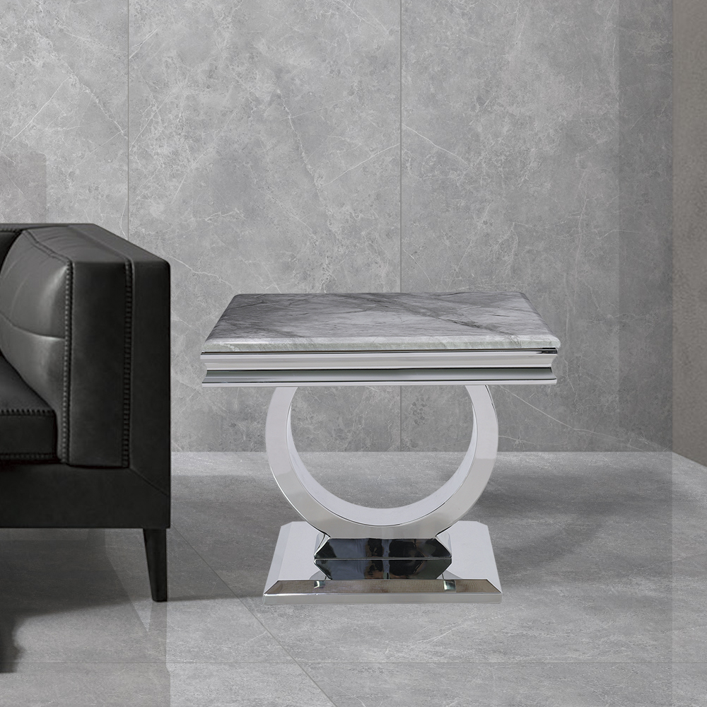 

23" Gray Side Table Square Faux Marble Top Silver Base